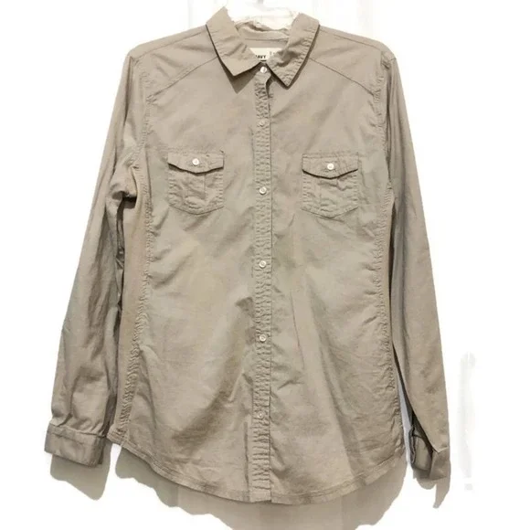 Old Navy Button Up Blouse Tan Stretch Career Large - Picture 1 of 7